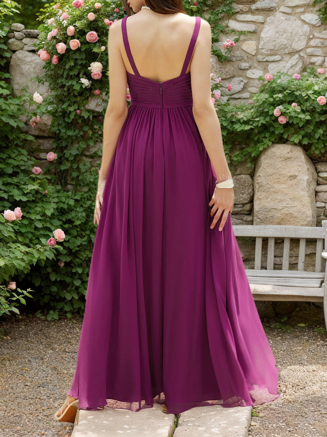 Purple Pleated Chiffon A-Line Maxi Bridesmaid Dress with Spaghetti Straps