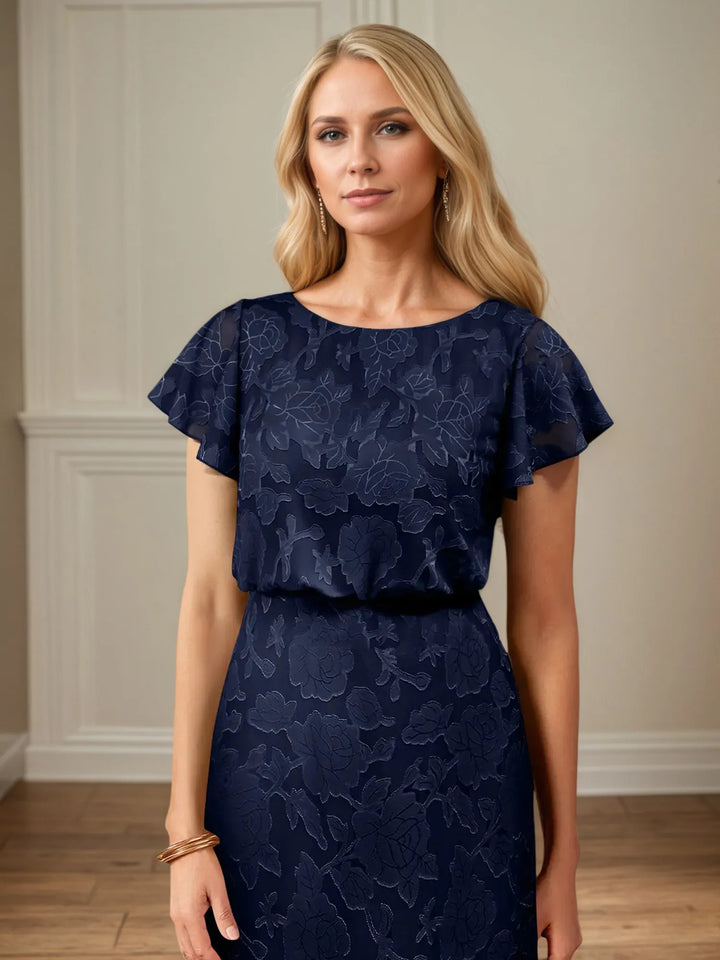 A-Line Boat Neck Short Sleeve Floral Burnout Mother of the Bride Dress