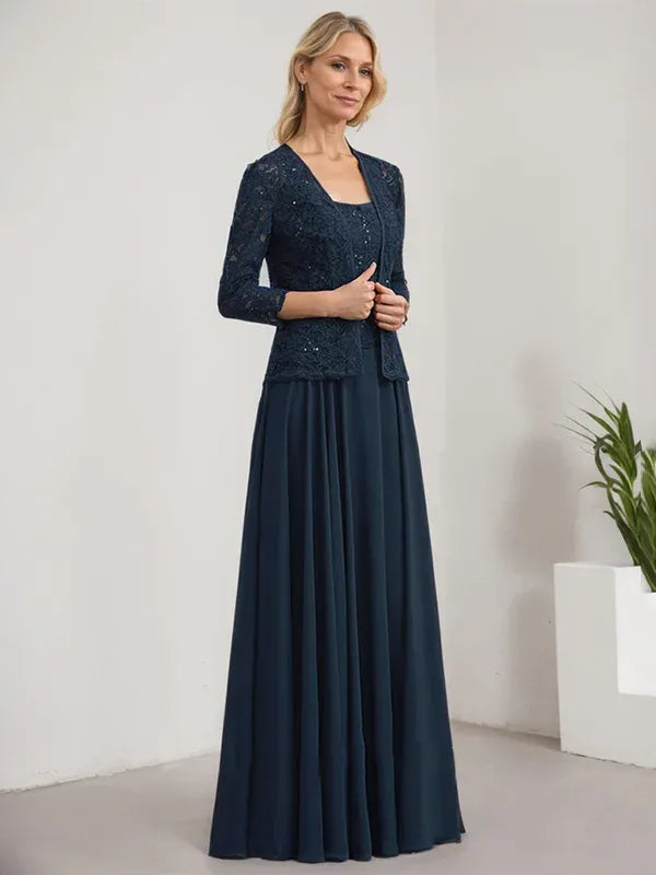 A-Line Square Neck Floor-Length Lace and Chiffon Mother of the Bride Dress with Sequins