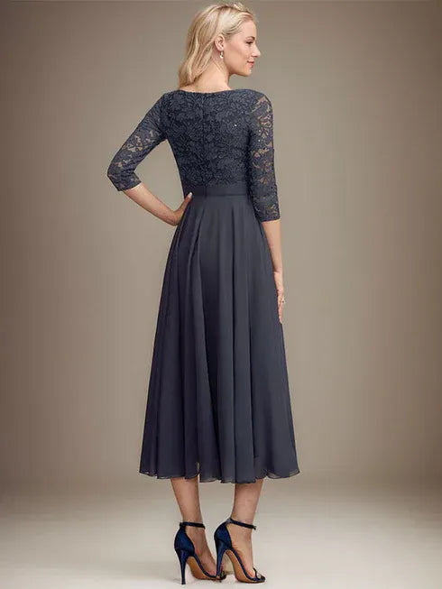 A-Line Scoop Neck Tea-Length Lace Chiffon Mother of the Bride Dress with Sequins