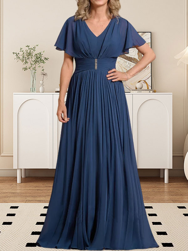 A-Line V-Neck Floor-Length Chiffon Mother of the Bride Dress with Crystal Brooch and Pleated Design