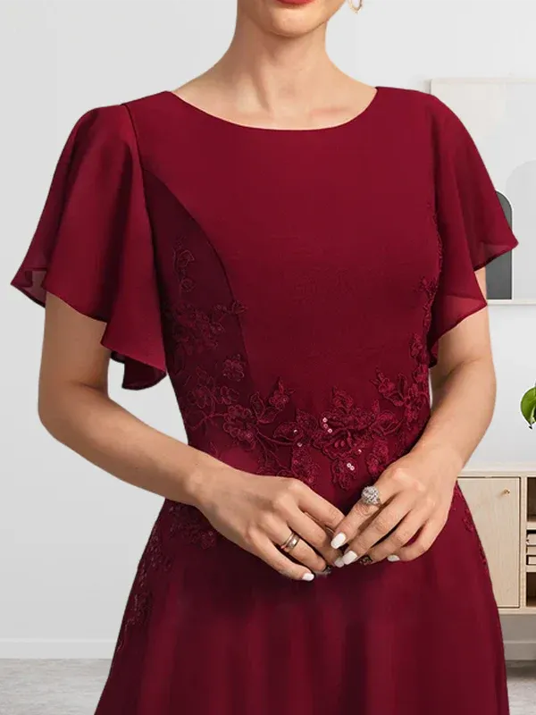 A-Line Scoop Neck Ankle-Length Lace and Chiffon Mother of the Bride Dress with Sequins