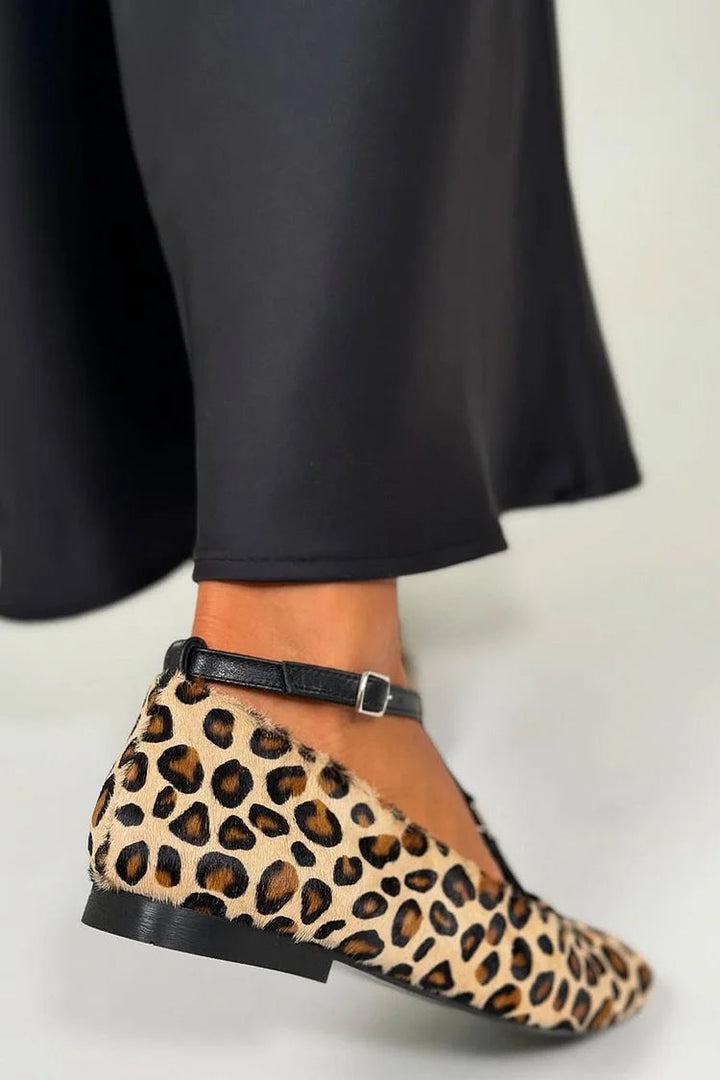 Elaine | Leopard-Print Buckle T-Strap Flats
