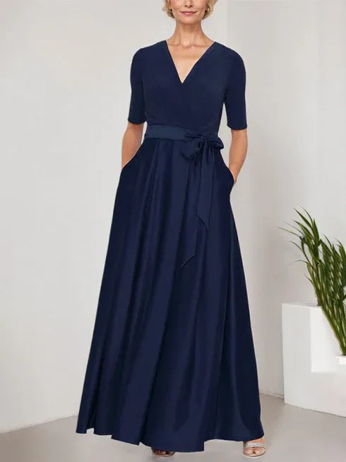 Surplice Neckline Ballgown with Full Satin Skirt and Jersey Bodice