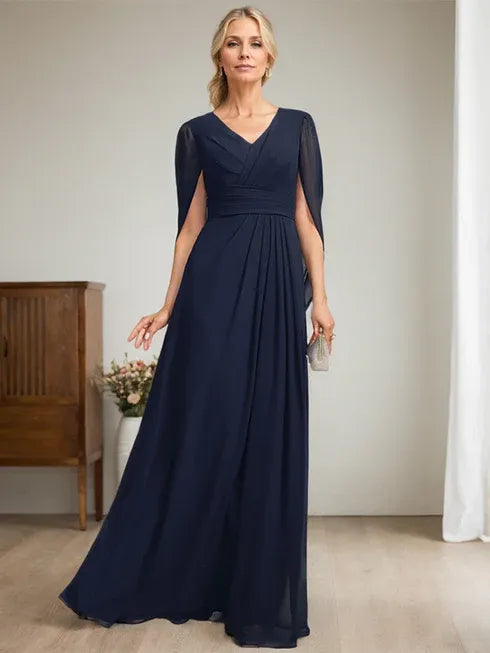 Dark Navy A-Line V-Neck Long Mother of the Bride Dress