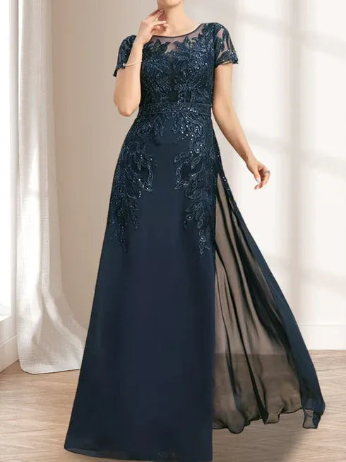 Floor-Length Lace Chiffon Mother of the Bride Dress with Sheath/Column Scoop Illusion and Sequins