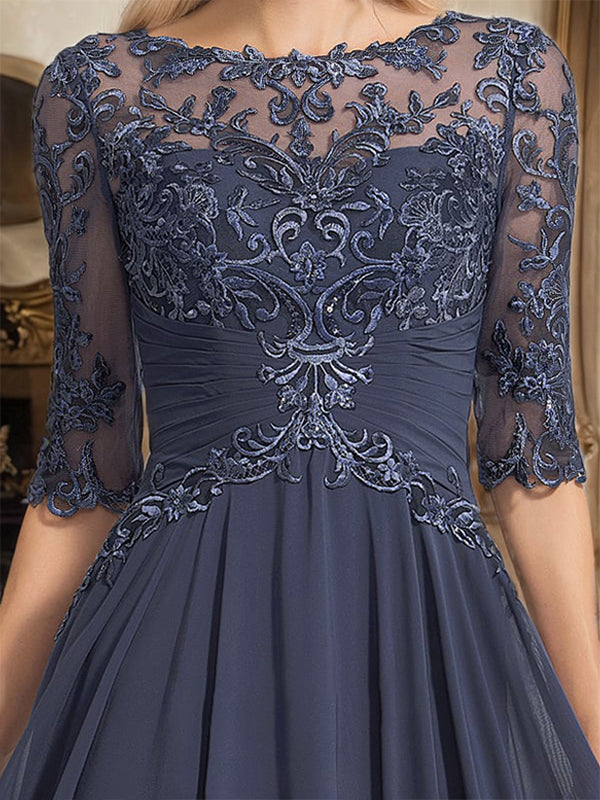 A-Line Scoop Neck Illusion Floor-Length Chiffon and Lace Mother of the Bride Dress with Pleated Sequins