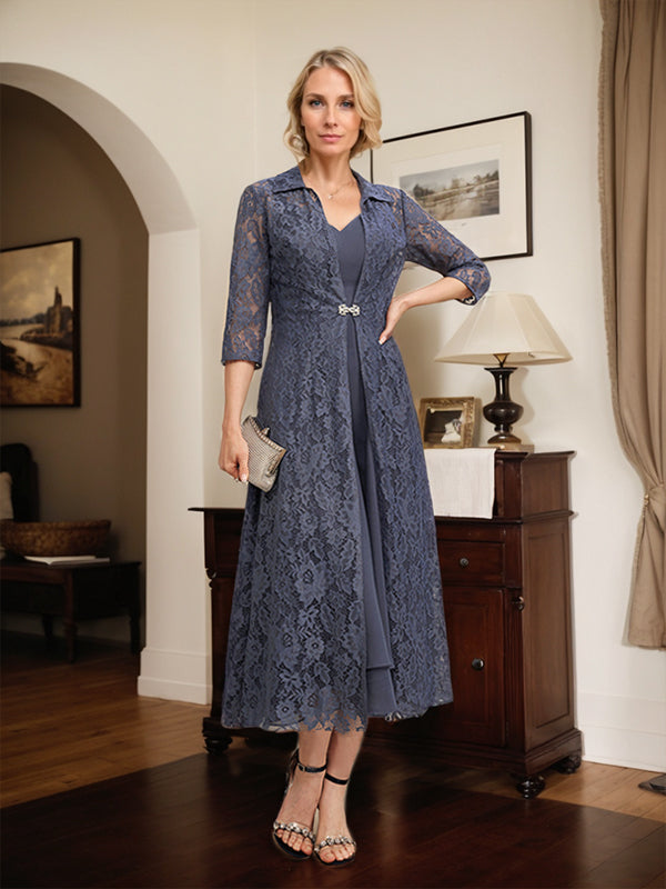 A-Line V-Neck Tea-Length Chiffon Mother of the Bride Dress