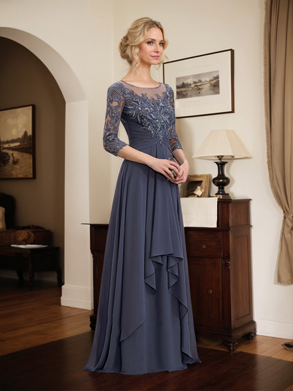 A-Line Scoop Neck Illusion Floor-Length Lace Chiffon Mother of the Bride Dress with Cascading Ruffles
