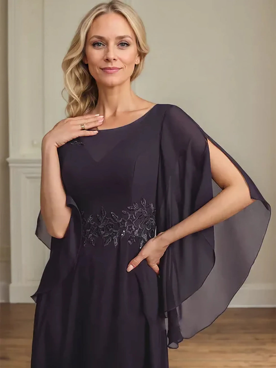 A-Line Scoop Neck Illusion Lace Chiffon Mother of the Bride Dress with Sequins and Ankle-Length Hem