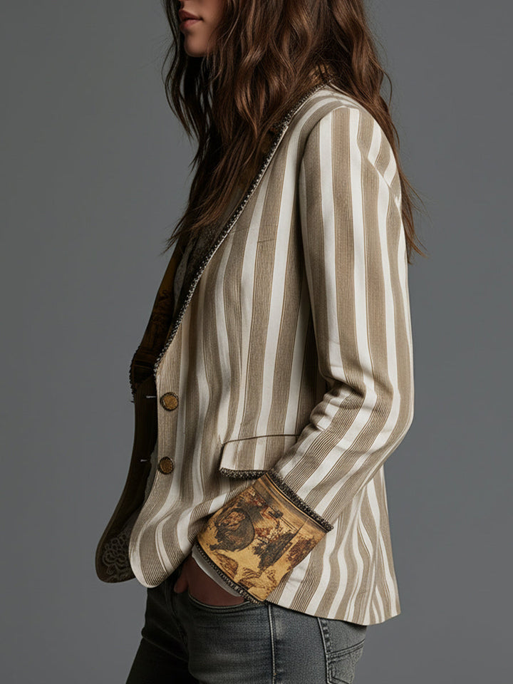 Women's Boho Striped Printed Lapel Blazer