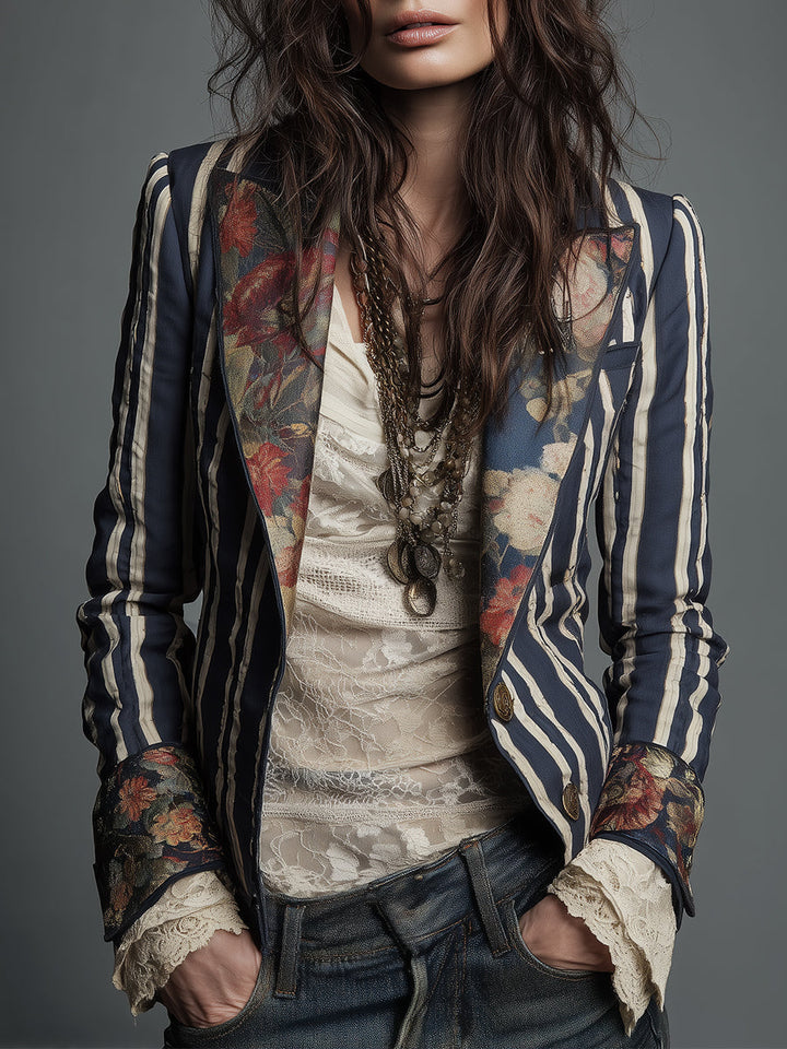 Women's Boho Floral Striped Blazer