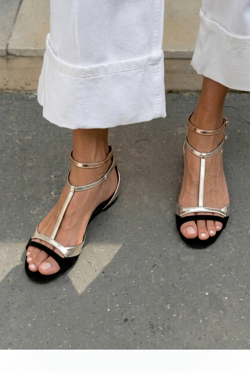 Sybil – Metallic Flat Open-Toe T-Strap Sandals