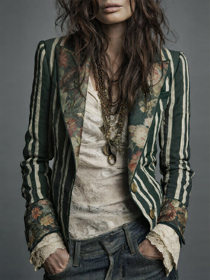 Women's Boho Floral Print Striped Blazer