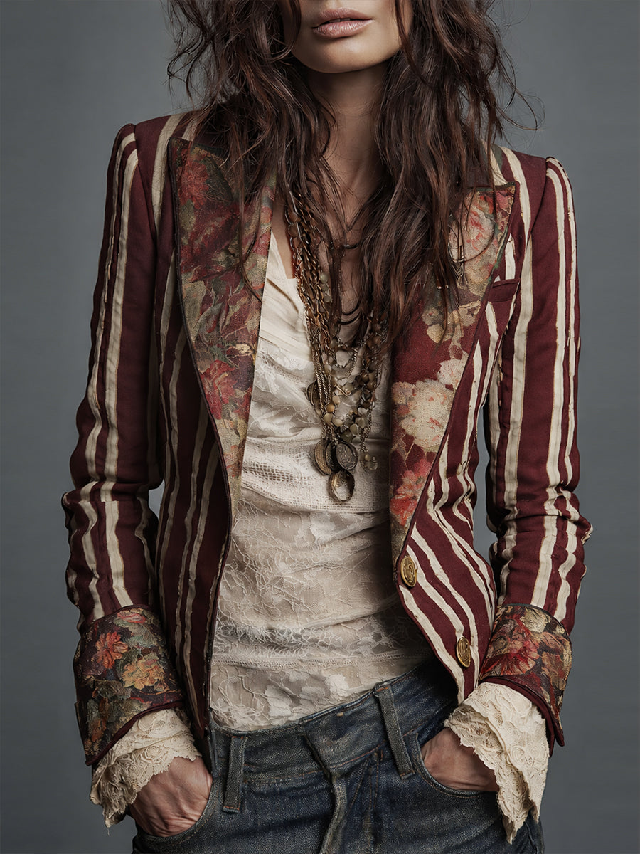 Women's Boho Floral Print Striped Blazer