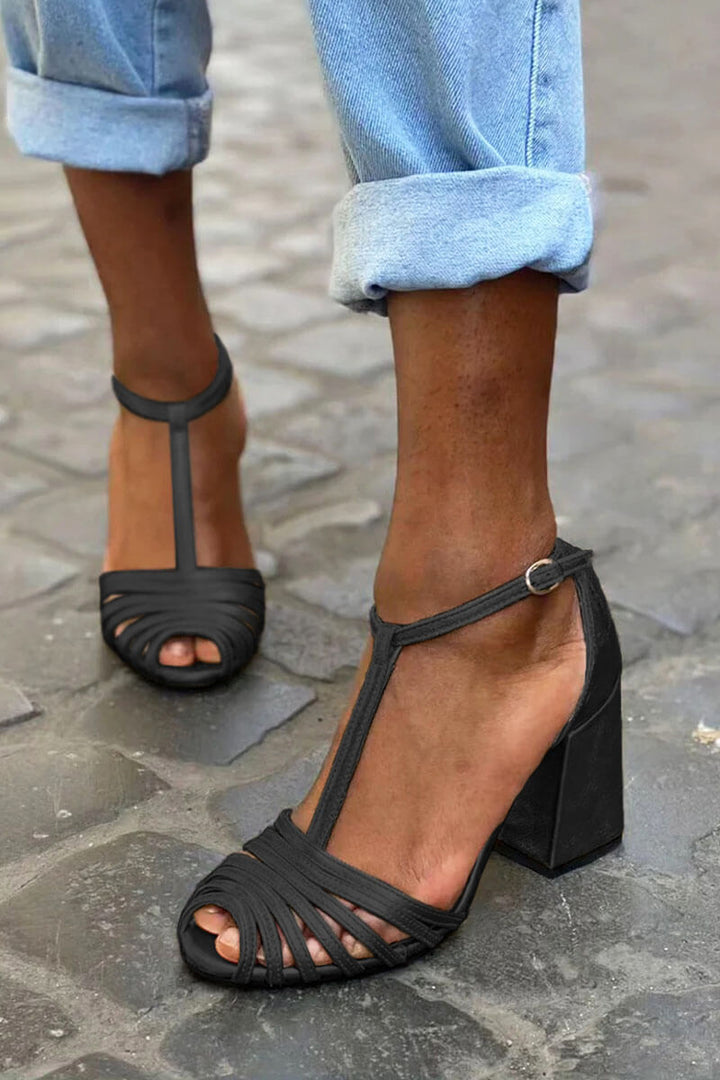 Monica | Chunky Peep-Toe Buckle T-Strap Strappy Heels