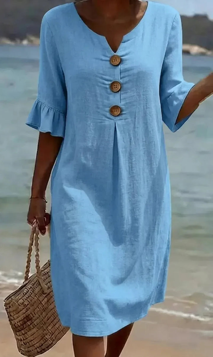 Vanesa™ | Textured Dress featuring Puff Sleeves and Button Details