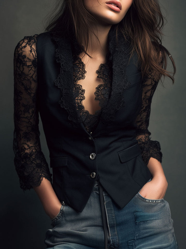 Women's Black Sheer Sleeve Blazer Top