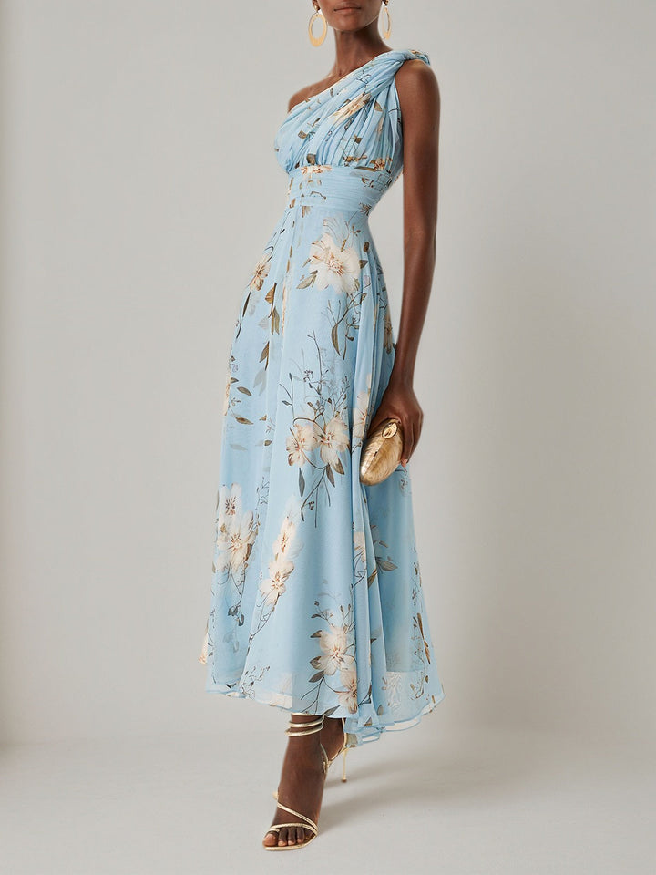Light Blue Floral Ruched Chiffon One-Shoulder Sleeveless A-Line Maxi Dress