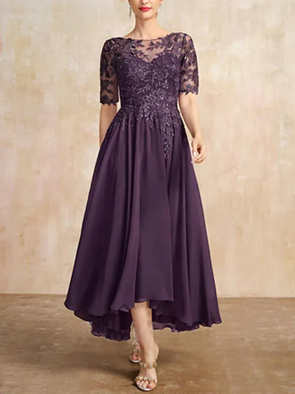 A-Line Scoop Neck Illusion Asymmetrical Chiffon and Lace Mother of the Bride Dress with Sequins