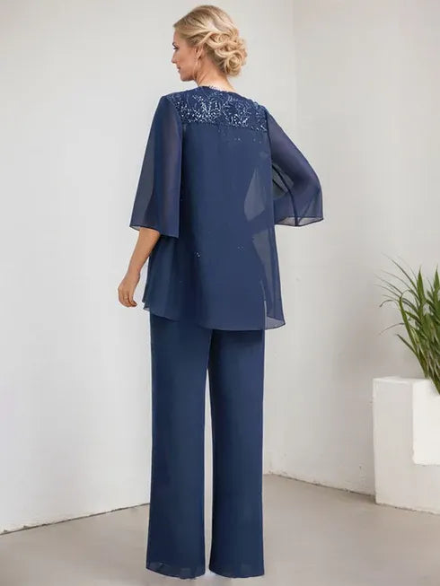 Floor-Length Lace Chiffon Mother of the Bride Jumpsuit/Pantsuit with Scoop Neck and Sequins