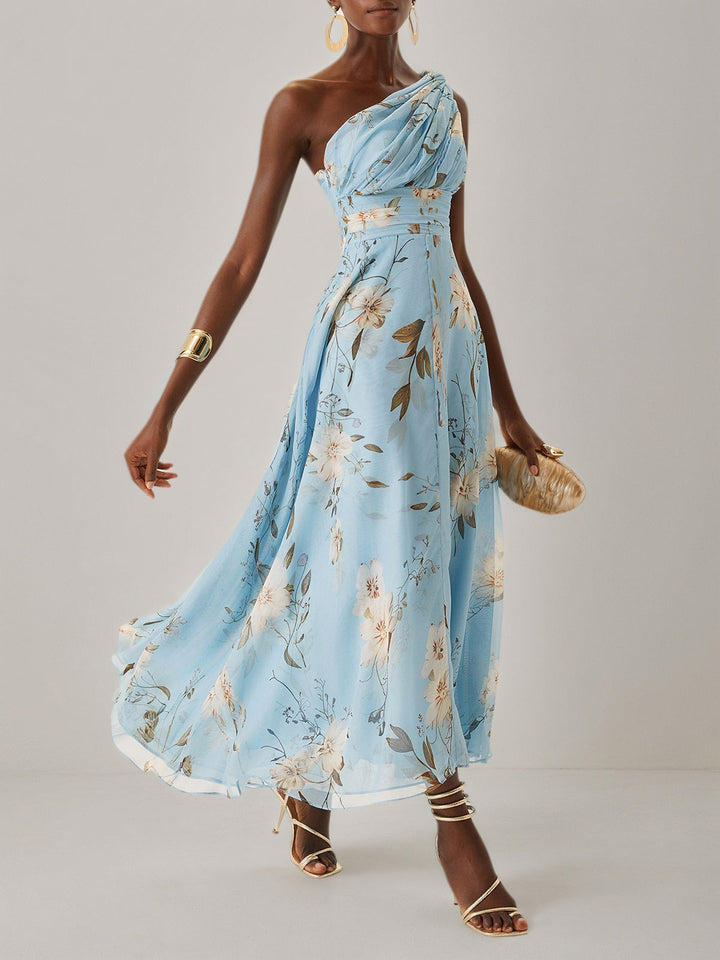 Light Blue Floral Ruched Chiffon One-Shoulder Sleeveless A-Line Maxi Dress