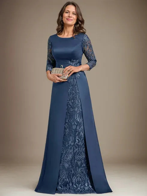 Floor-Length A-Line Lace Satin Mother of the Bride Dress with Scoop Neck and Applique