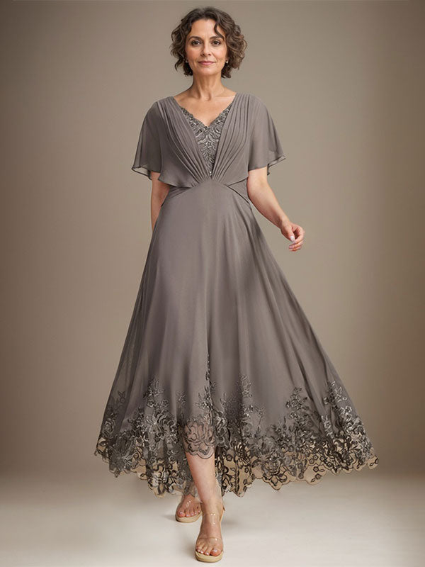 A-Line V-Neck Asymmetrical Lace Chiffon Mother of the Bride Dress with Pleats