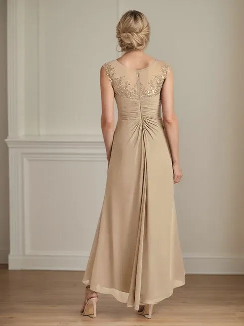 Champagne A-Line Lace and Chiffon Scoop Neck Dress