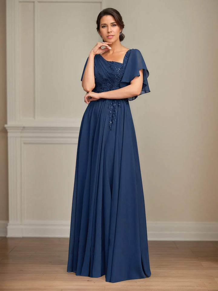 Asymmetrical A-Line Floor-Length Lace and Chiffon Mother of the Bride Dress with Pleated Sequins