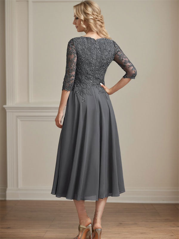 A-Line V-Neck Tea-Length Chiffon and Lace Mother of the Bride Dress with Beading and Sequins