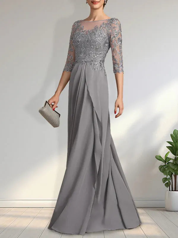 A-Line Scoop Illusion Floor-Length Chiffon and Lace Mother of the Bride Dress with Beading, Sequins, and Cascading Ruffles