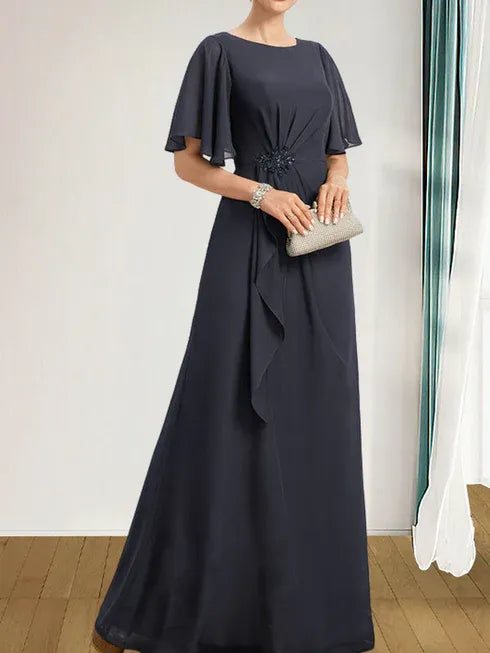 A-Line Scoop Floor-Length Chiffon Mother of the Bride Dress with Cascading Ruffles, Beading, and Sequins