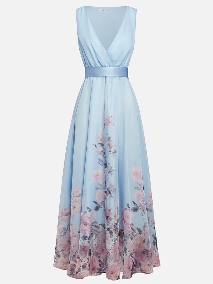 Light Blue Floral Chiffon V-Neck Sleeveless A-Line Maxi Dress