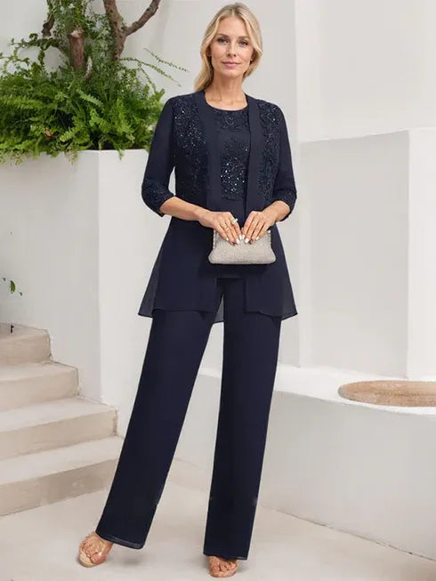 Floor-Length Chiffon Lace Jumpsuit and Pantsuit Separates with Sequins – Perfect Mother of the Bride Dress