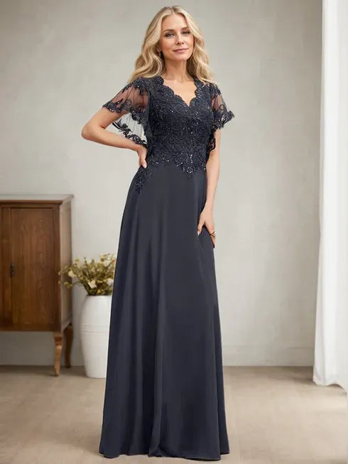 A-Line V-Neck Floor-Length Lace Chiffon Mother of the Bride Dress with Sequins