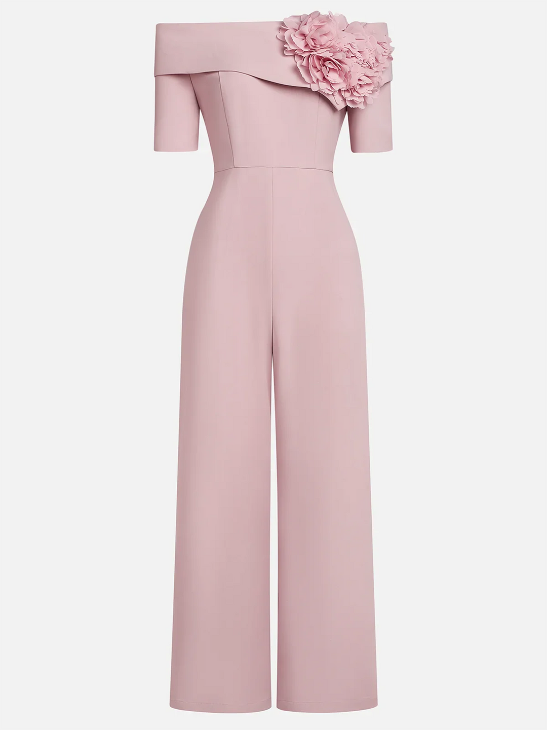 Women's Pink 3D Floral Off-Shoulder Short Sleeve Dressy Jumpsuit