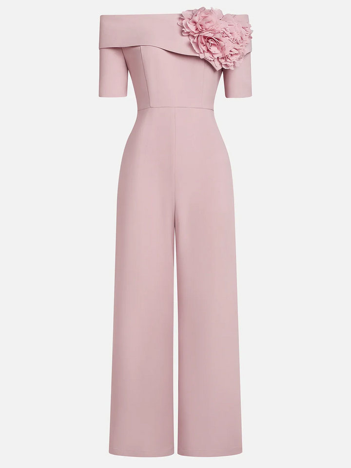 Women's Pink 3D Floral Off-Shoulder Short Sleeve Dressy Jumpsuit