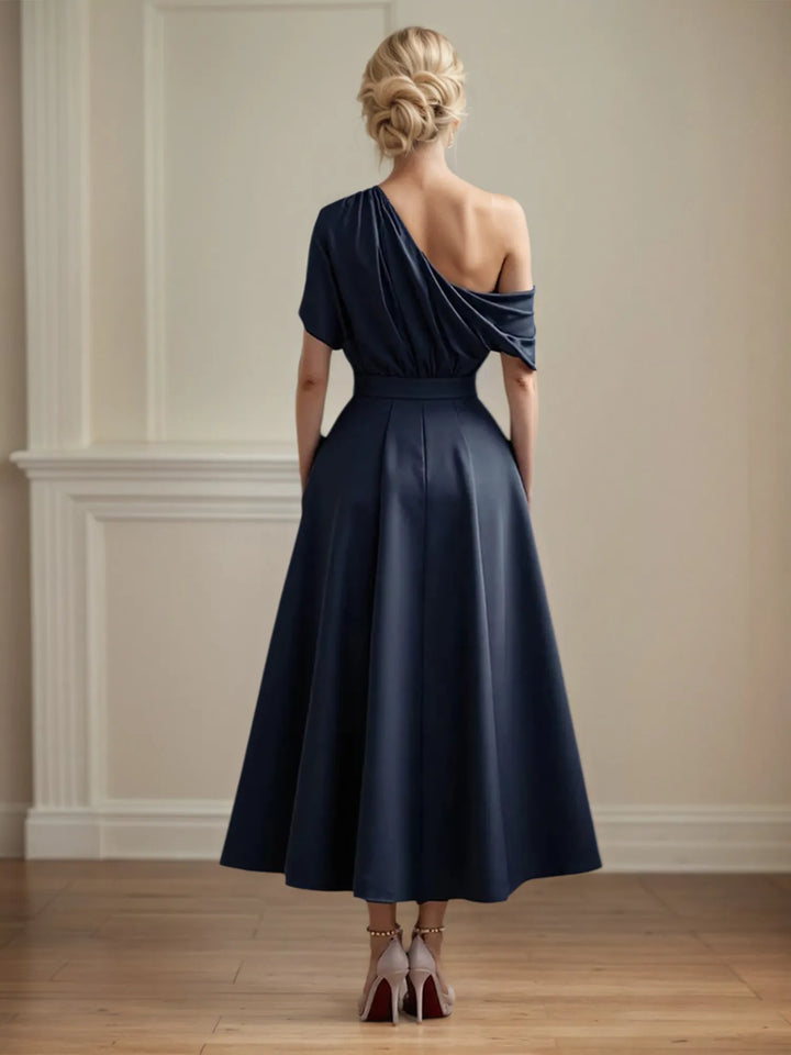 One-Shoulder Satin A-Line Pleated Ankle-Length Mother of the Bride Dress