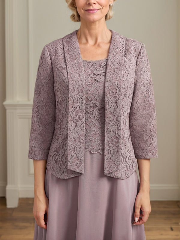 A-Line Scoop Neck Tea-Length Lace Chiffon Mother of the Bride Dress