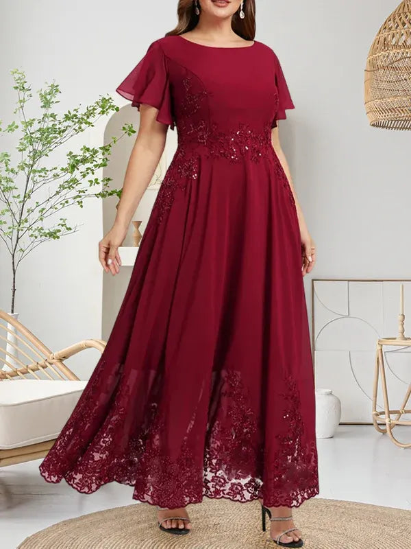 A-Line Scoop Neck Ankle-Length Lace and Chiffon Mother of the Bride Dress with Sequins