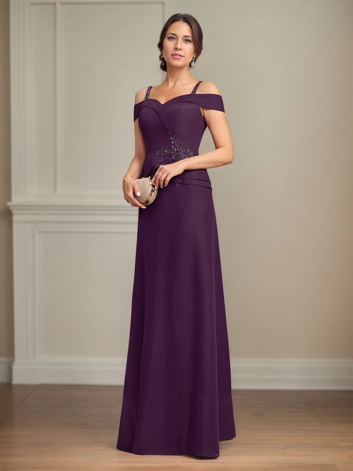 A-Line Cold Shoulder Floor-Length Chiffon Mother of the Bride Dress with Beading and Sequins