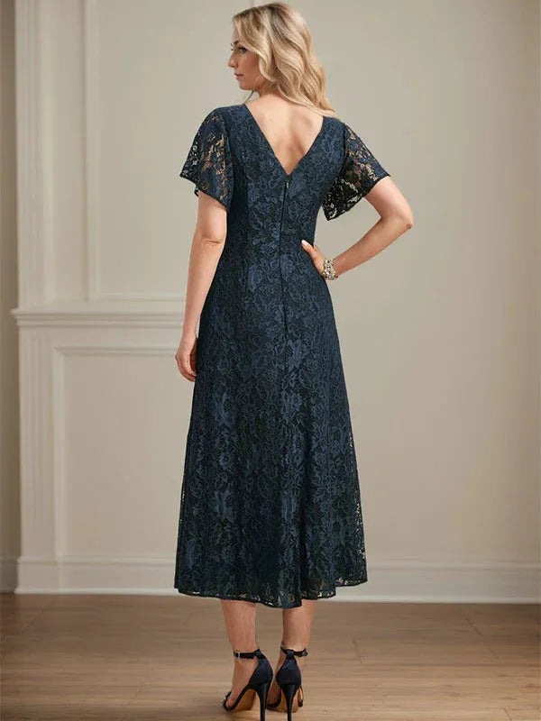 A-Line V-Neck Tea-Length Lace Chiffon Mother of the Bride Dress