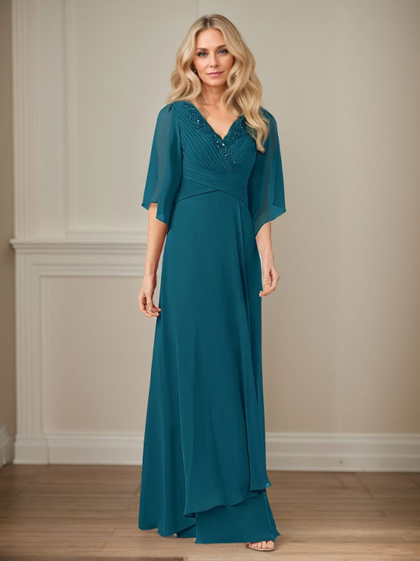 A-Line V-Neck Long Sequin Chiffon Mother of the Bride Dress