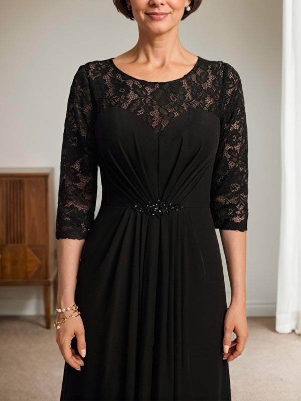 A-Line Scoop Neck Illusion Floor-Length Lace Chiffon Mother of the Bride Dress with Beaded Ruffles