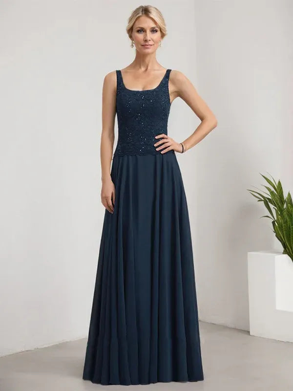 A-Line Square Neck Floor-Length Lace and Chiffon Mother of the Bride Dress with Sequins