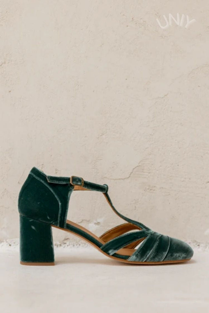 Maureen | Chunky Cut-Out Velvet Buckle T-Strap Heels