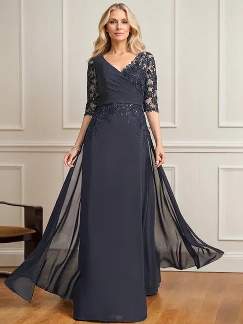 A-Line V-Neck Floor-Length Lace and Chiffon Mother of the Bride Dress with Pleated Sequins