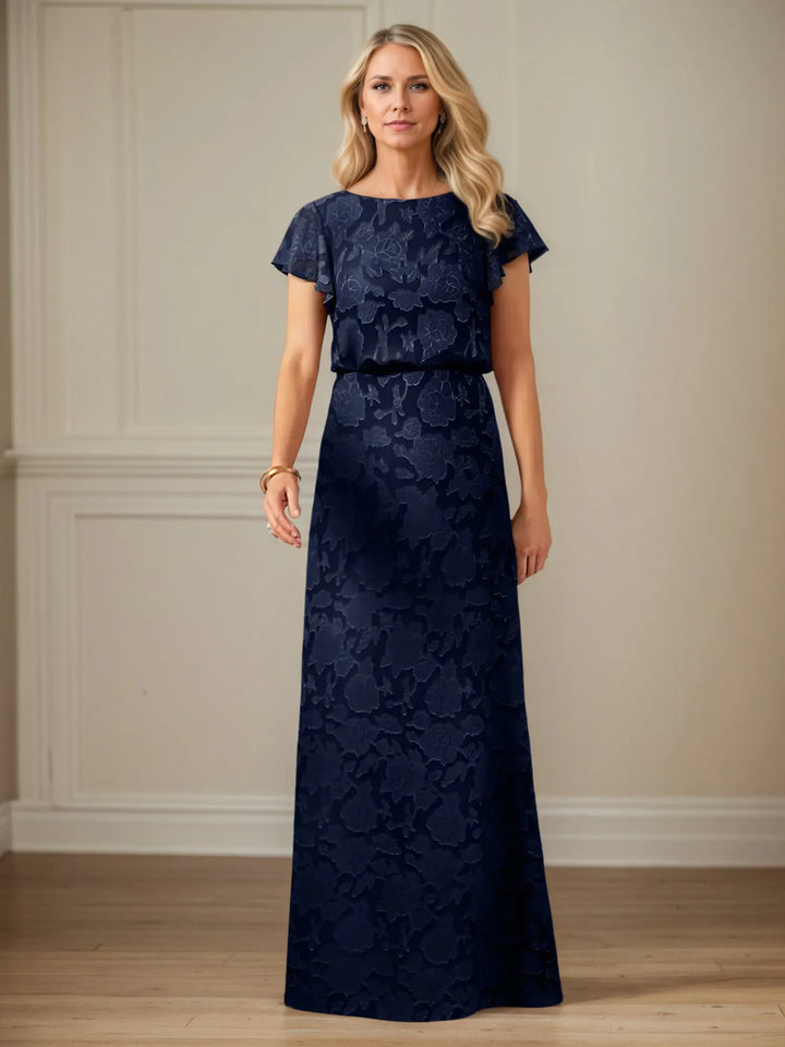 A-Line Boat Neck Short Sleeve Floral Burnout Mother of the Bride Dress