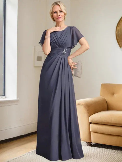 A-Line Scoop Neck Floor-Length Chiffon Mother of the Bride Dress with Pleated Beading